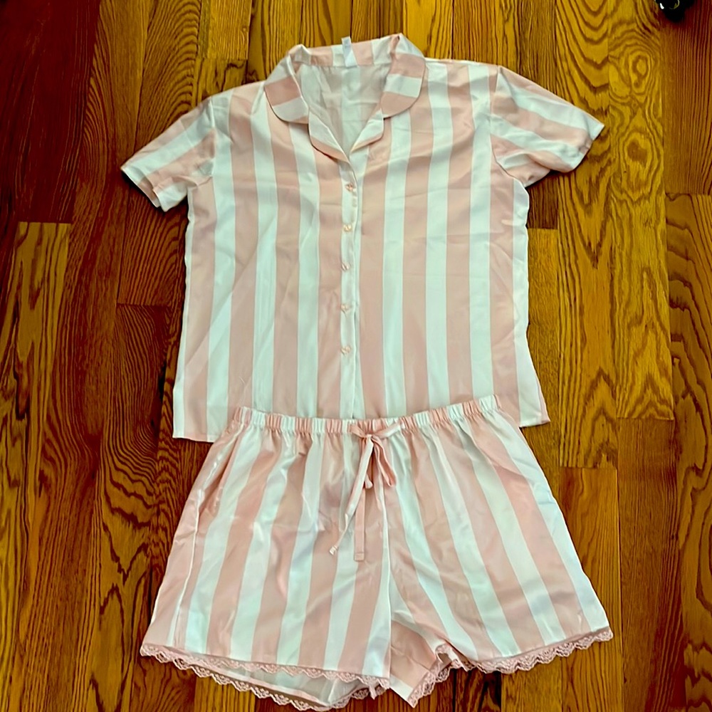 Pink and white striped satin pajama set